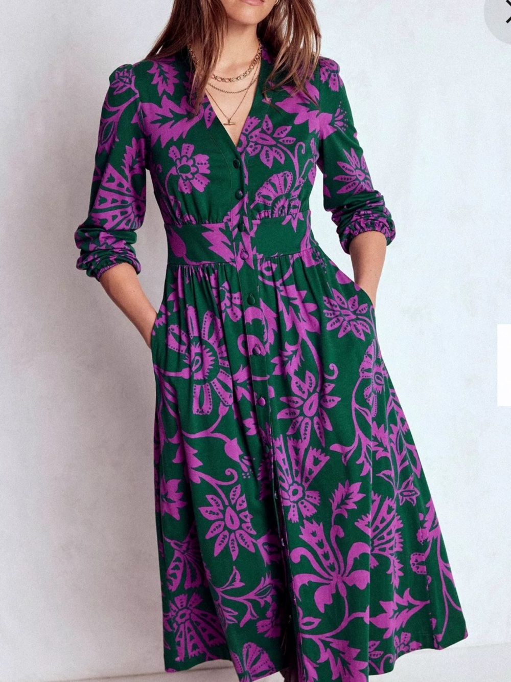 BODEN Natalia Floral Long Sleeve Tea Dress, Cotton Modal Emerald/Multi